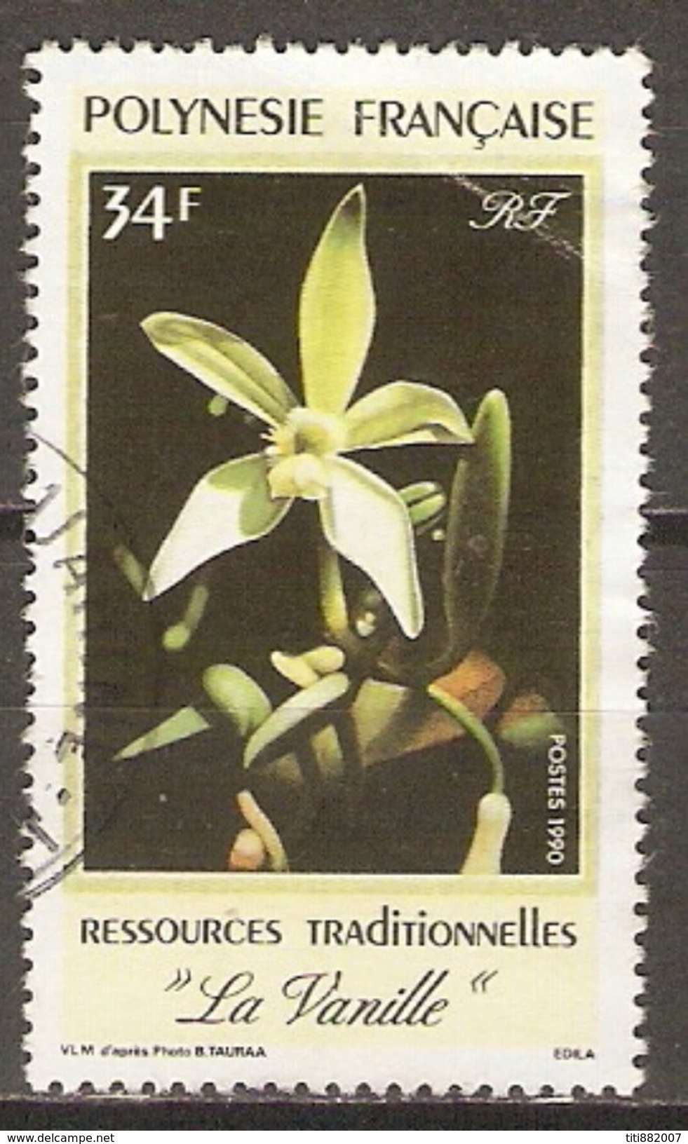 POLYNESIE  Française    -  1990 .  Y&T N° 350 Oblitéré .   Vanille  /  Orchidée - Used Stamps