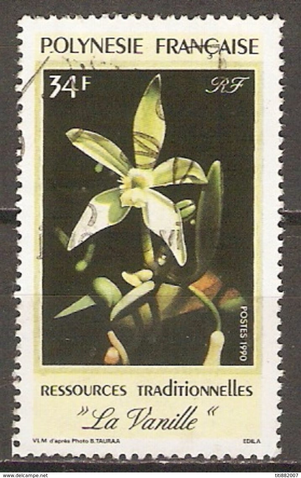 POLYNESIE  Française    -  1990 .  Y&T N° 350 Oblitéré .   Vanille  /  Orchidée - Used Stamps