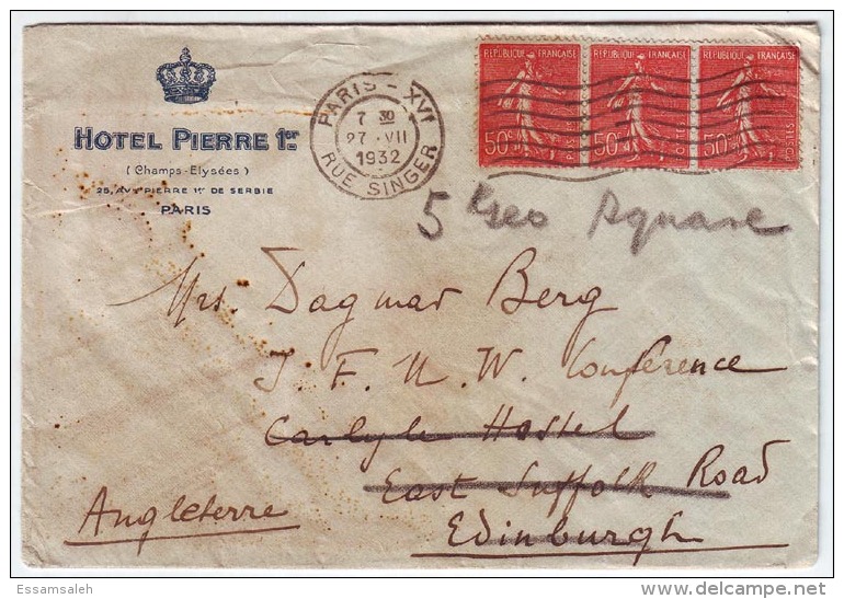 FRCV028 France 1932 P.T.P.O. Hotel Pierre 1er Cover Franking Strip 50c Semeuse Definitive Addressed England - Lettres & Documents