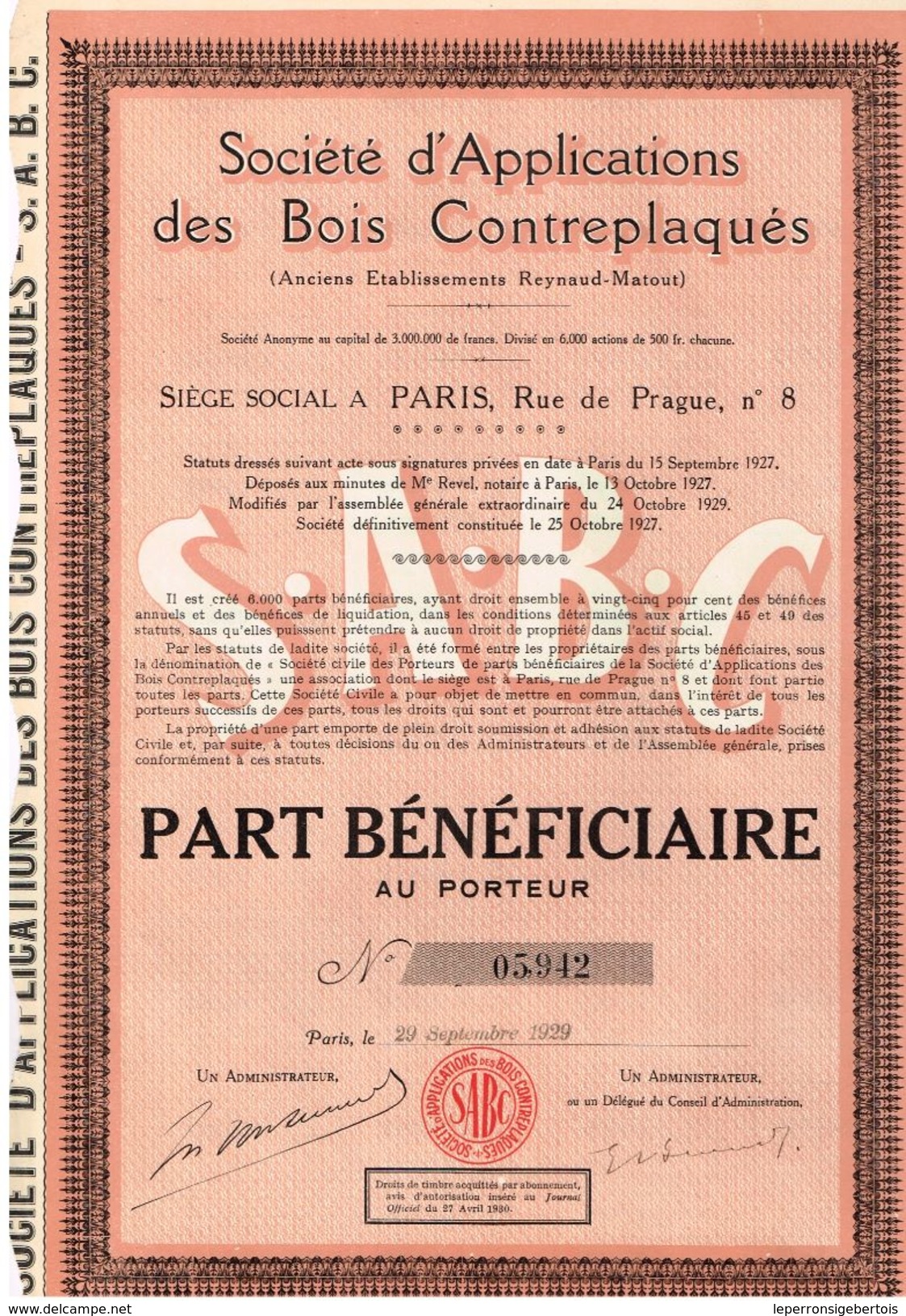 Action Ancienne - Sté D'Applications Des Bois Contreplaqués - Titre De 1929 - - Industrie