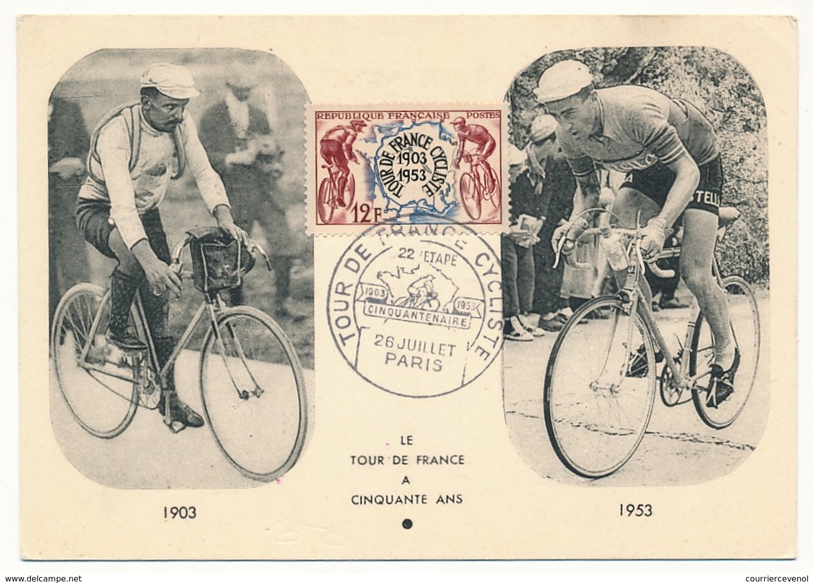 FRANCE => Carte Maximum - TOUR DE FRANCE CYCLISME 22e ÉTAPE 1903 1953 CINQUANTENAIRE PARIS - 1950-1959