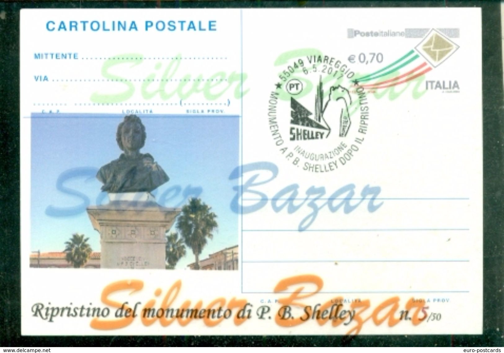 -CARTOLINA-INTERO POSTALE-SOPRASTAMPA PRIVATA-ANNULLO SPECIALE-VIAREGGIO-MONUMENTO A P.B. SHELLEY - Stamped Stationery