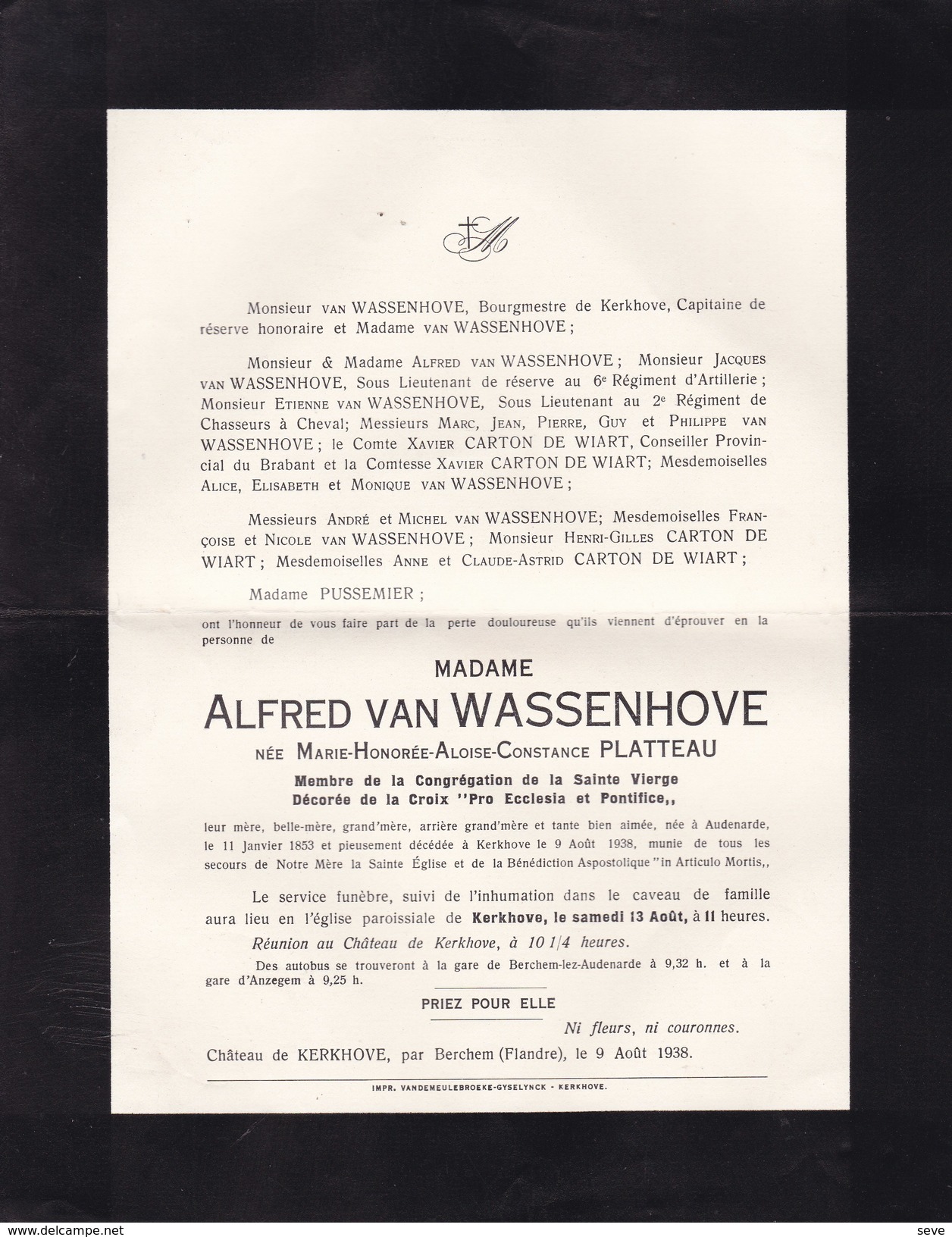 OUDENAARDE Château De KERCHOVE Marie PLATTEAU épouse Alfred Van WASSENHOVE  1858-1938 Famille CARTON De WIART - Obituary Notices