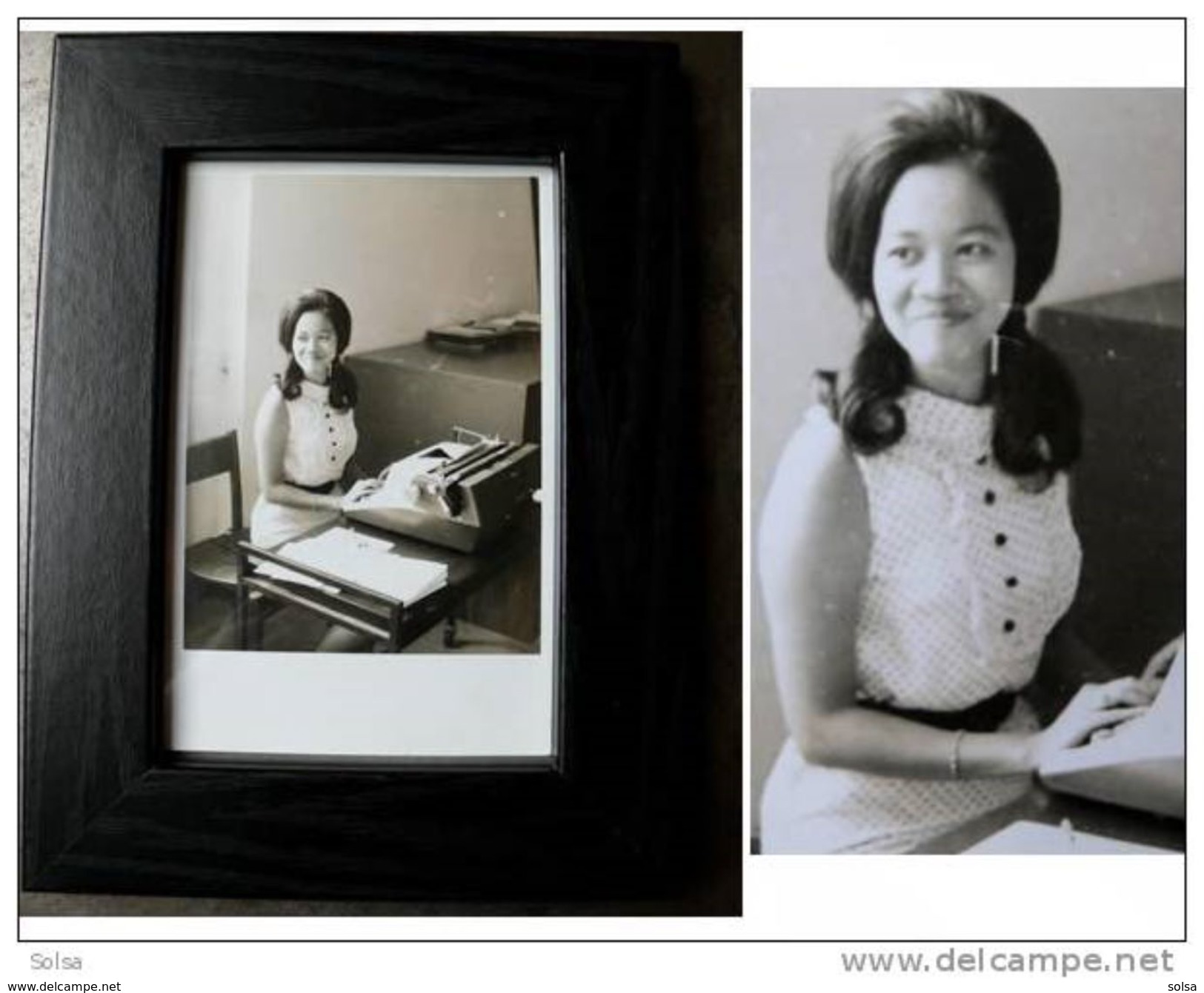 Photographie Encadrée D'une "pin Up" Thailandaise: La SECRETAIRE / Old Black And White Picture Of A Tai Secretary - Art Asiatique