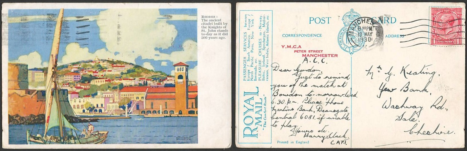 GB POSTCARD: 1930 ROYAL MAIL STEAM PACKET COMPANY - View Of RHODES, FU - Autres & Non Classés