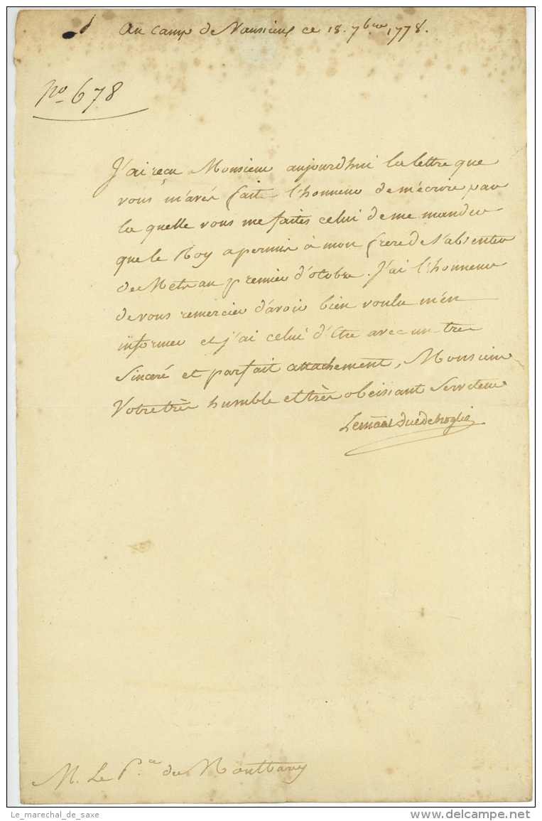 BROGLIE, Victor-Francois, Duc De (1718-1804) Marechal De France Camp De VAUSSIEUX 1778 Vaux-sur-Seulles Calvados Guerre - Documents Historiques