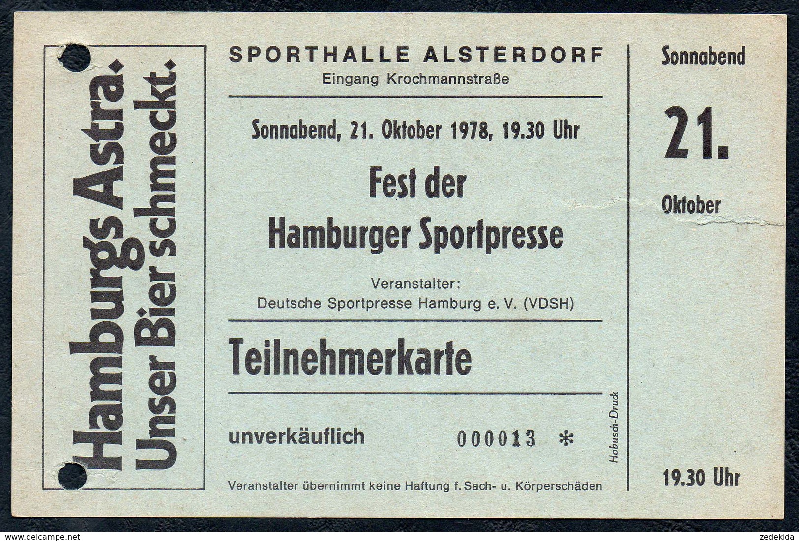 A8521 - Hamburg - Alsterdorf Sporthalle Eintrittskarte Ticket 1978 - Eintrittskarten