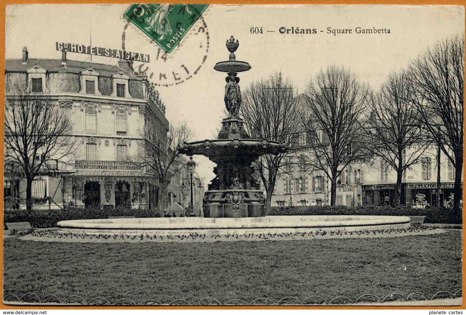 45 / ORLEANS - Square Gambetta - Grand Hôtel St-Aignan, Pharmacie, Fontaine... (tampon 1914) - Orleans