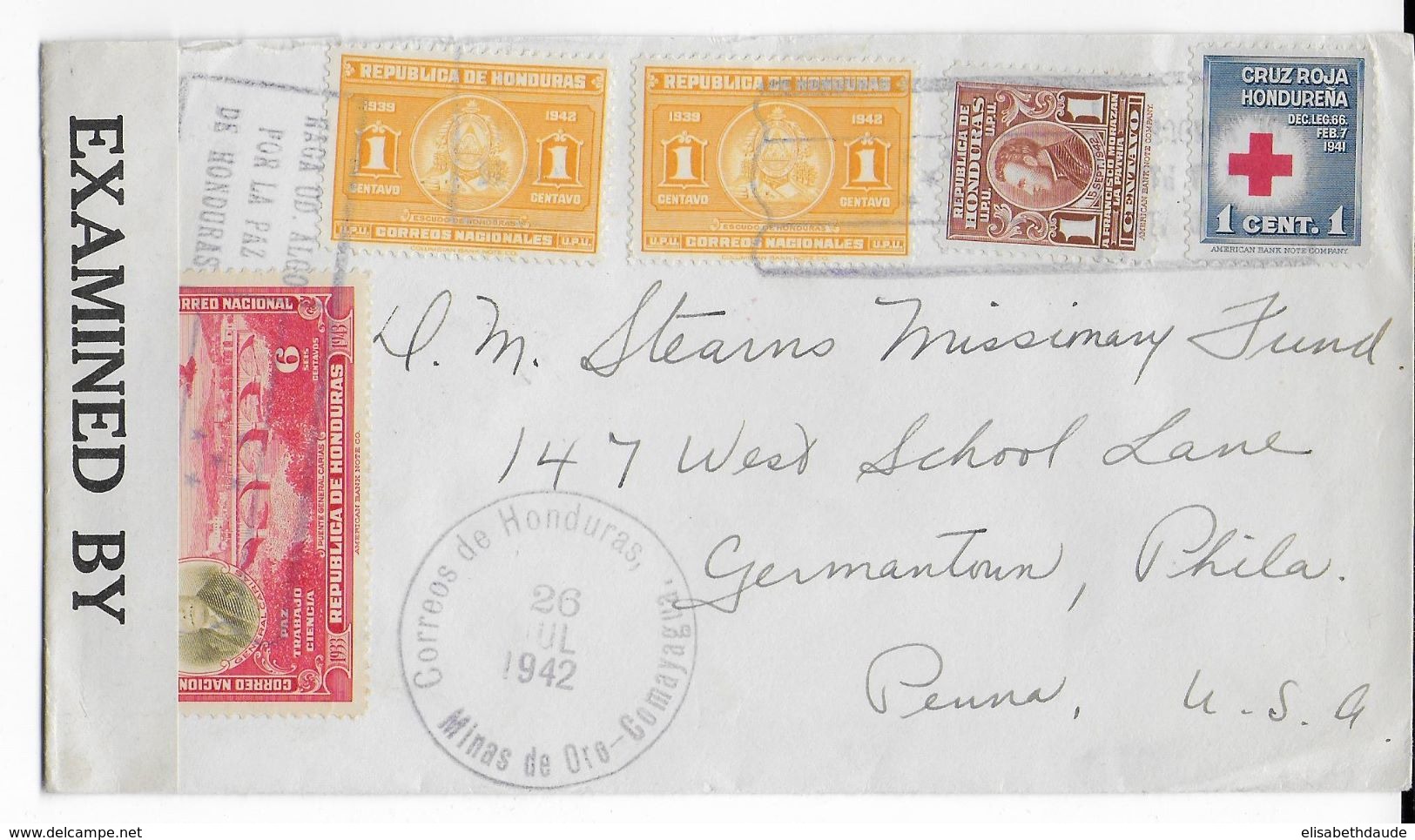 HONDURAS - 1942 - ENVELOPPE De La MINE D'OR De COMAYAGUA Avec CENSURE =>  PHILADELPHIA (USA) - Honduras