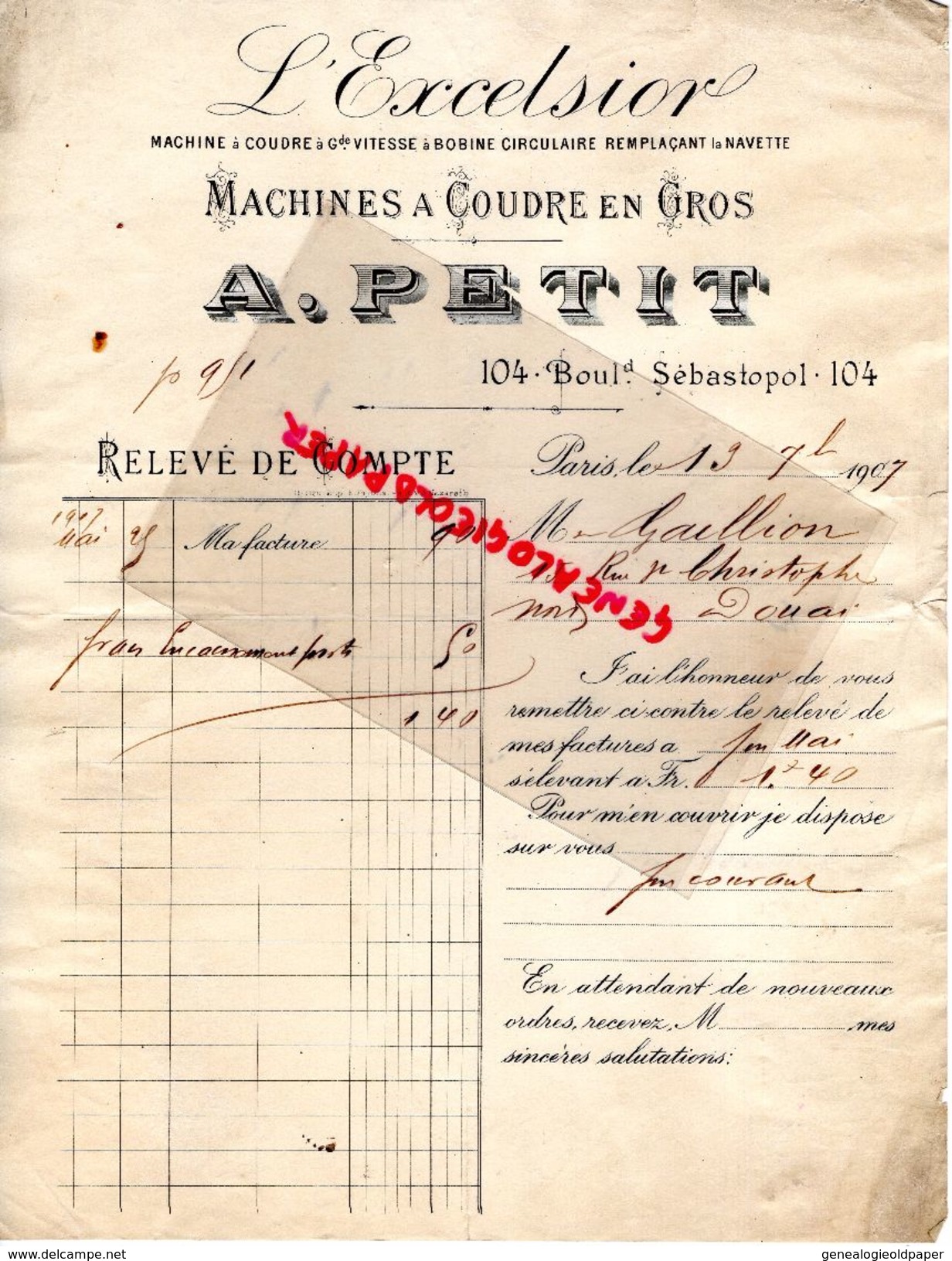 75-PARIS-FACTURE L' EXCELSIOR-MACHINES A COUDRE A. PETIT- 104 BD SEBASTOPOL-1907  MACHINE A COUDRE - 1800 – 1899