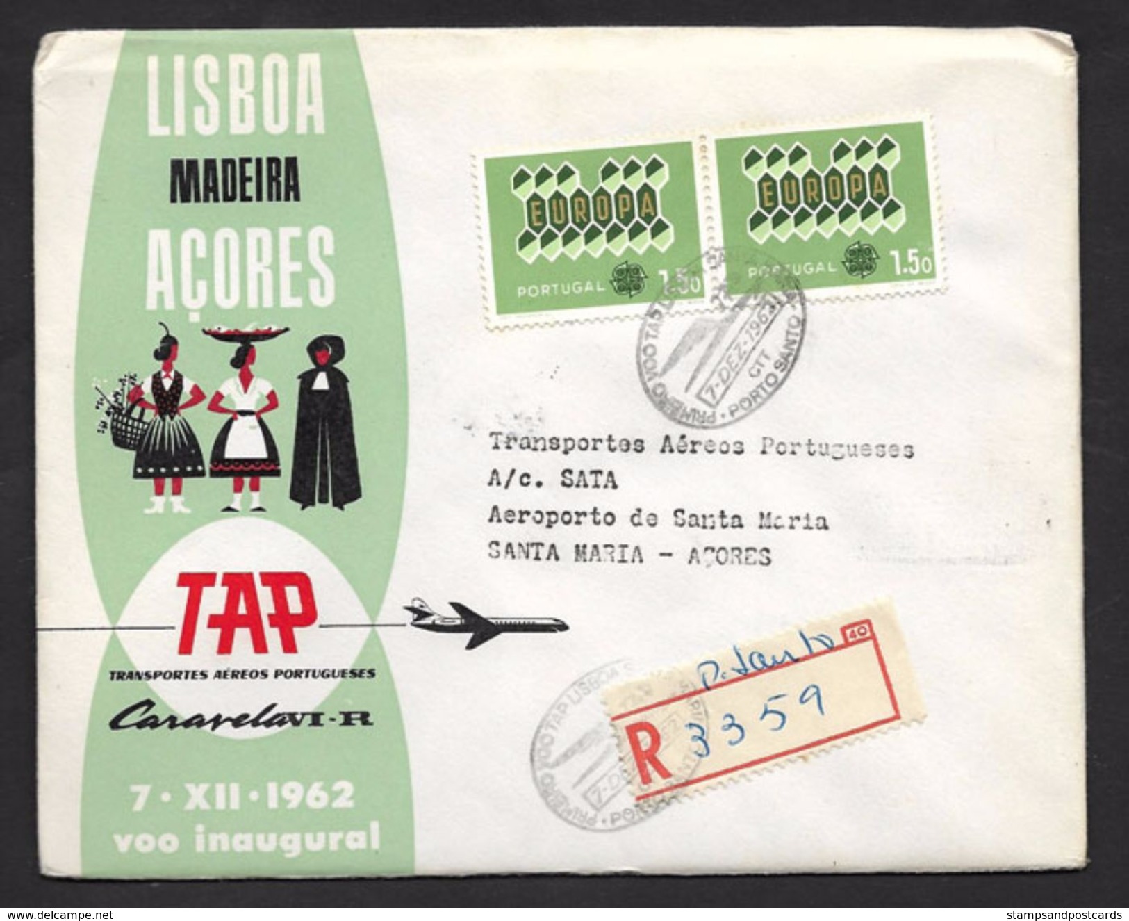 Portugal Premier Vol TAP Porto Santo Madère Santa Maria Açores Recommandée 1962 First Flight Madeira Azores R Cover - Cartas & Documentos