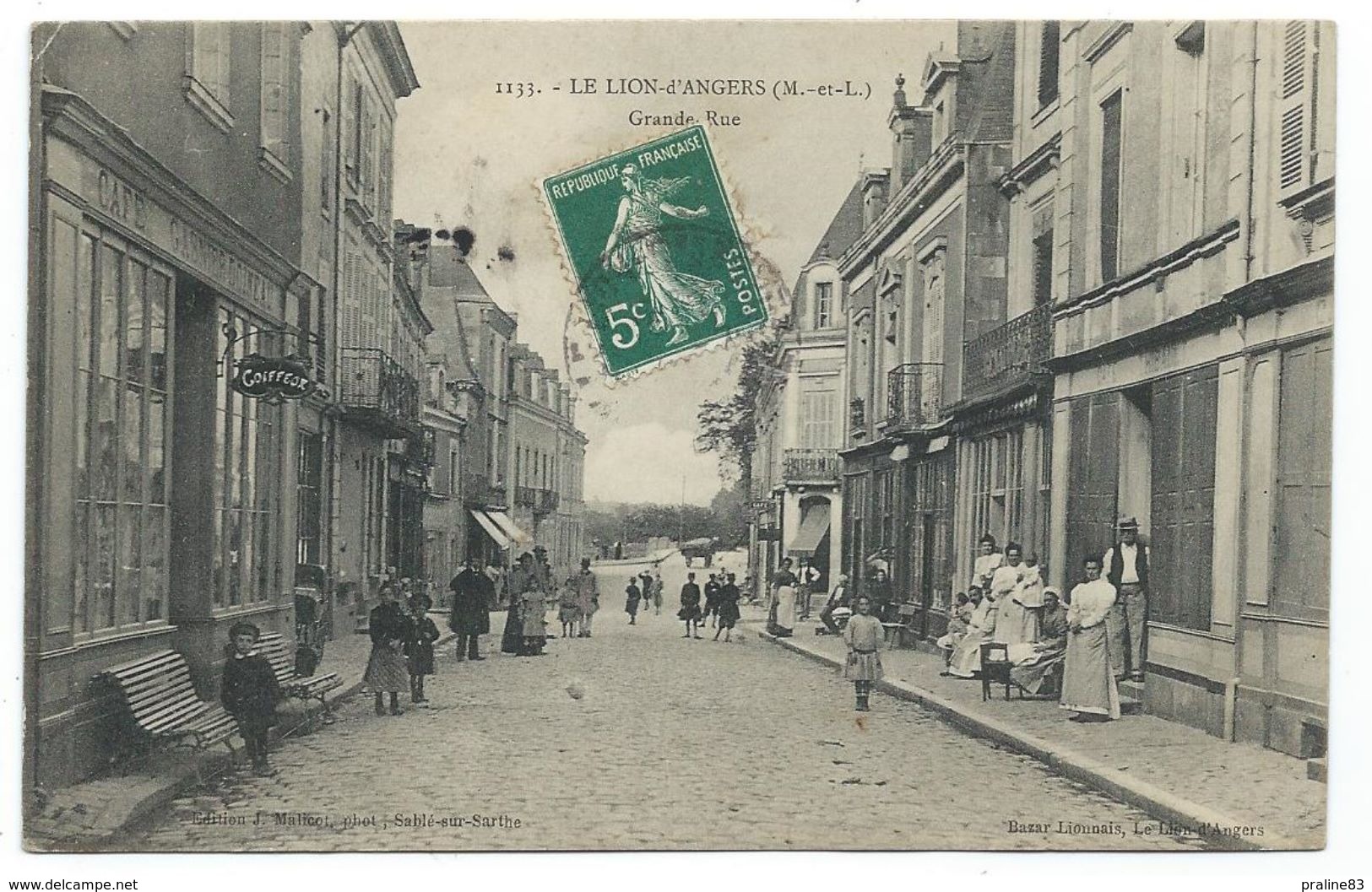 CPA - LE LION D' ANGERS, GRANDE RUE - 49 - Animée, Circulé - Edit. J. Malicot, Photo. à Sablé, Bazar Lionnais - Other & Unclassified