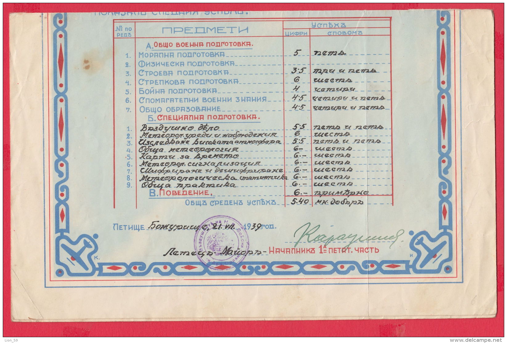 8K46 / 1939 DOCUMENT - DIRECTORATE OF AIRCRAFT - CERTIFICATE FINAL COURSE OF  Meteorology  PILOT AIRMAN Bulgaria REVENUE - Diploma & School Reports