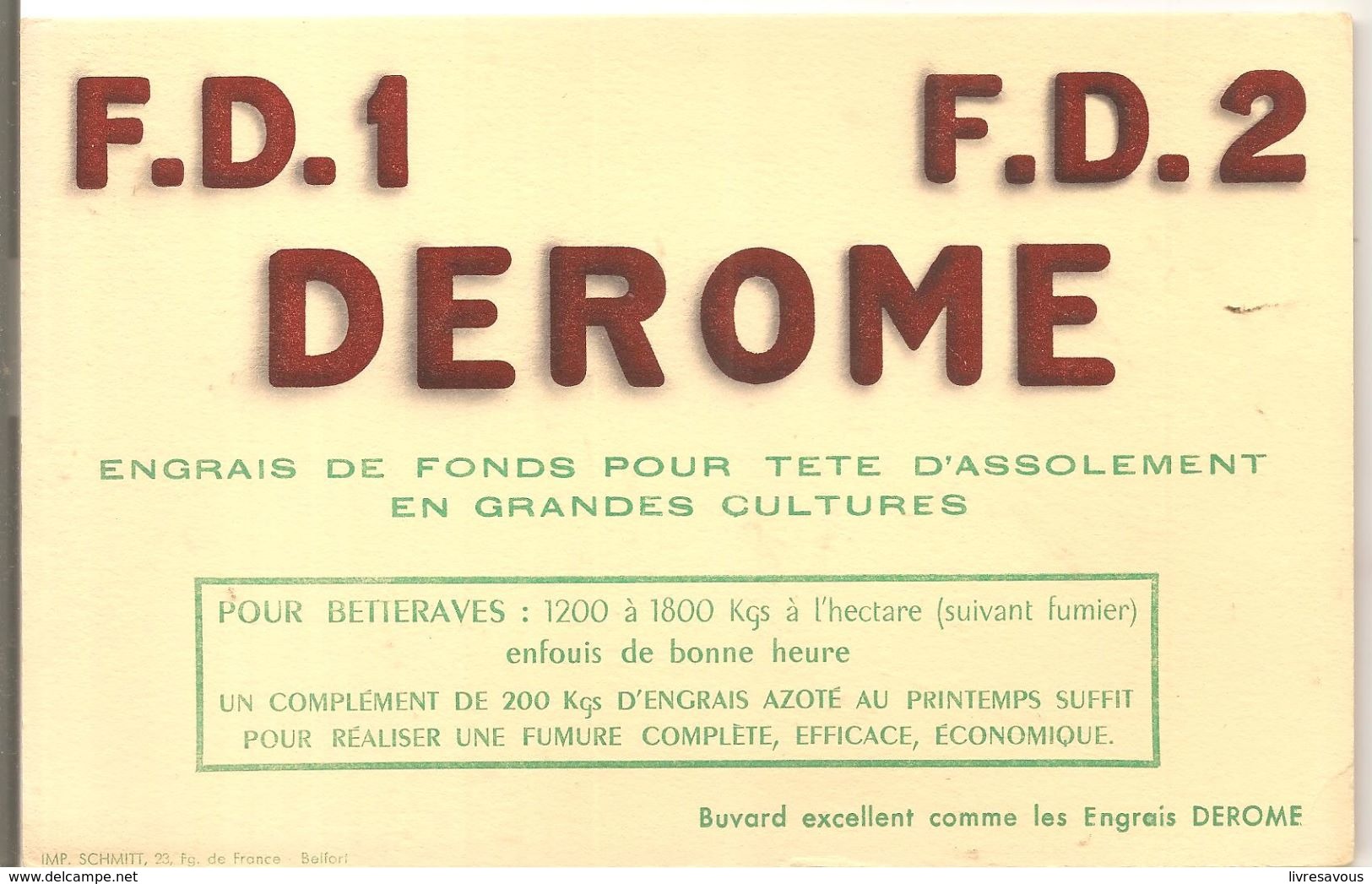 Buvard DEROME F.D.1 F.D.2 Engrais De Fonds Pour Tête D'assolement En Grandes Cultures - Agriculture