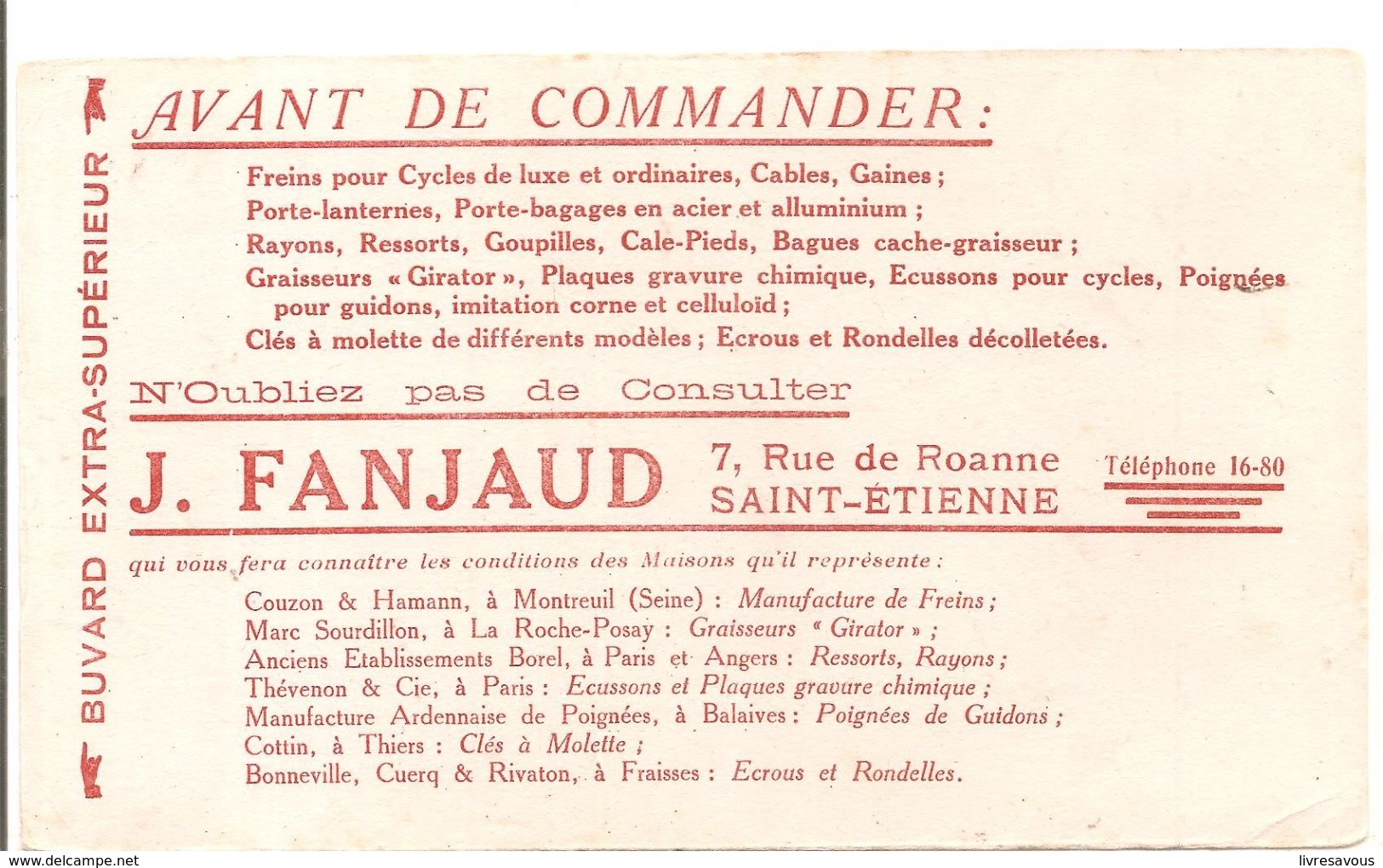 Buvard J.JANJAUD 7, Rue De Roanne à Saint-Etienne Freins Pour Cycles De Luxe Et Ordinaire - Motos & Bicicletas