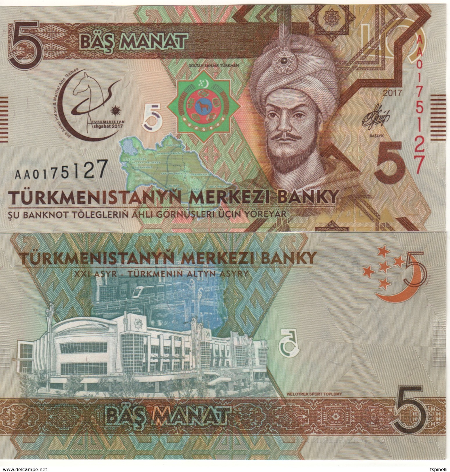 TURKMENISTAN   New.  5  Manat.  Commemorative Asian Olympics.  2017 UNC - Turkmenistan