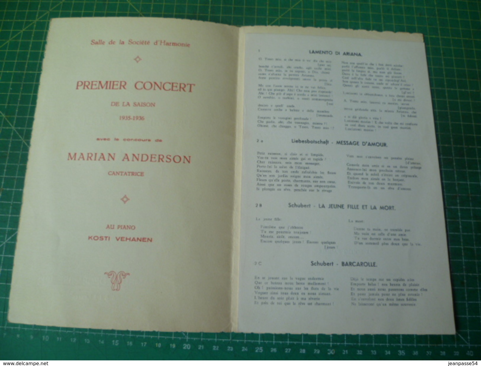 Belle Dédicace Autographe De Marian Anderson Et Kosti Vehanen Sur Un Programme De La Schola Ververtoise  7 Décembre 1935 - Autres & Non Classés