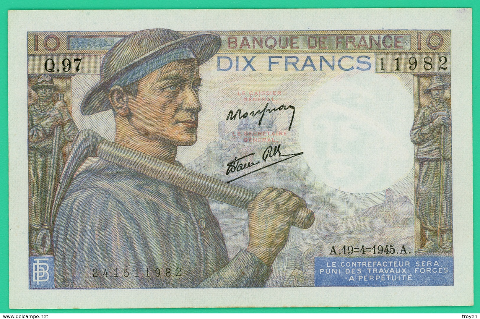 10 Francs - Type Mineur - France - N° Q.97/11982 -  A.19=4=1945.A -  Neuf - - 10 F 1941-1949 ''Mineur''