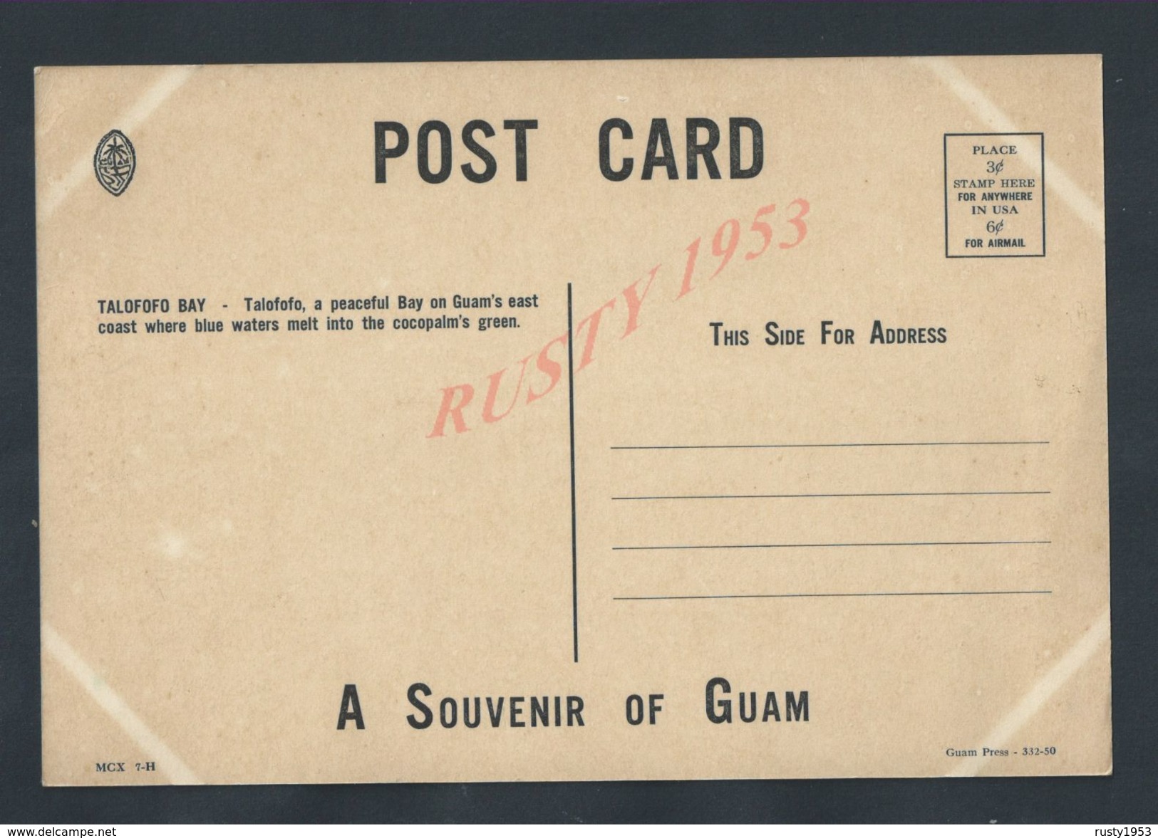 ETATS UNIS POST CART 22,5X16 A SOUVENIR OF GUAN  : - Monde