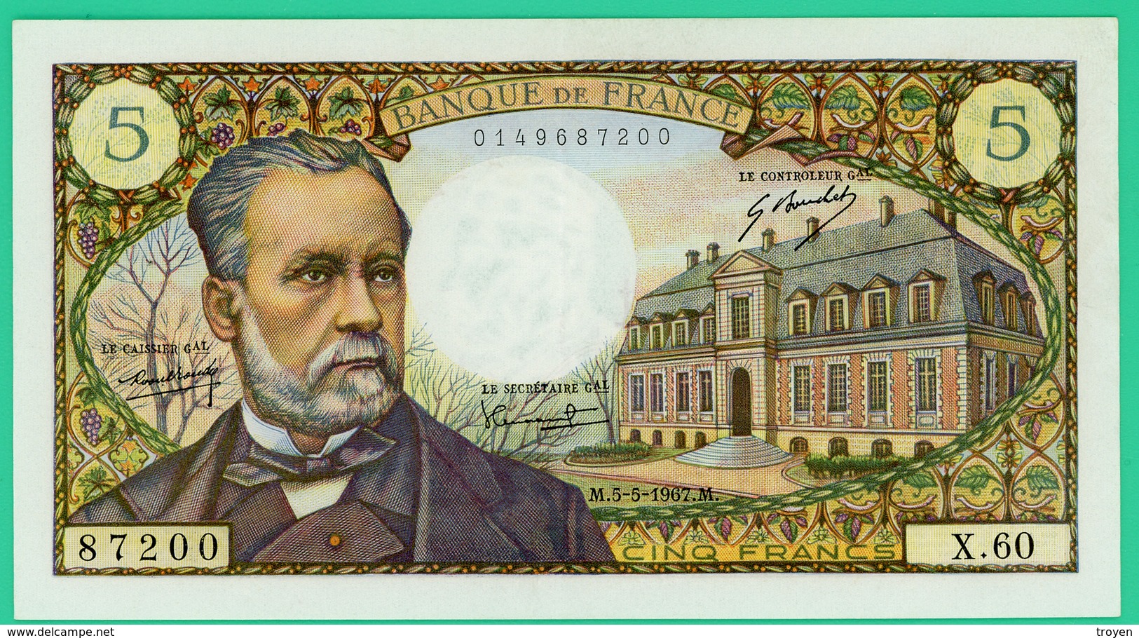 5 Francs - Type Pasteur - France - N° X.60 / 87200 - M.5-5-1967.M - Spl - - 5 F 1966-1970 ''Pasteur''