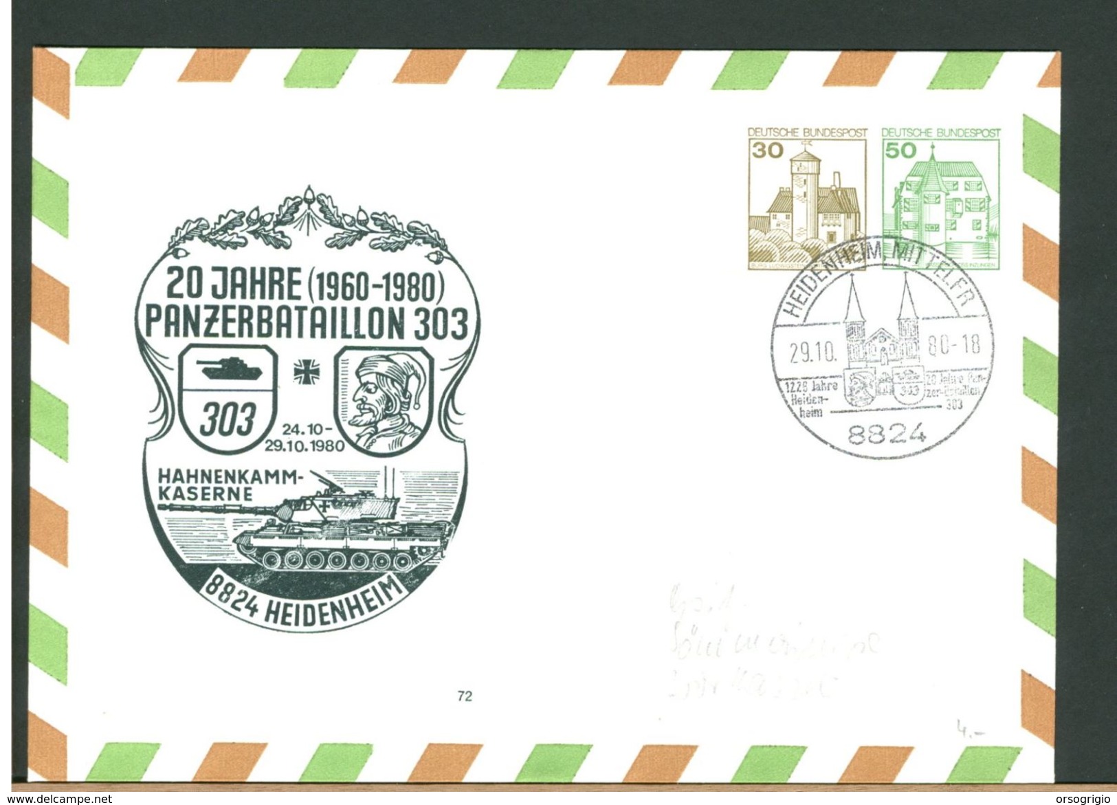 GERMANY - BUNDESWEHR - HEIDENHEIM - HAHNENKAMM KASERNE - PANZER BATAILLON 303 - Private Covers - Mint
