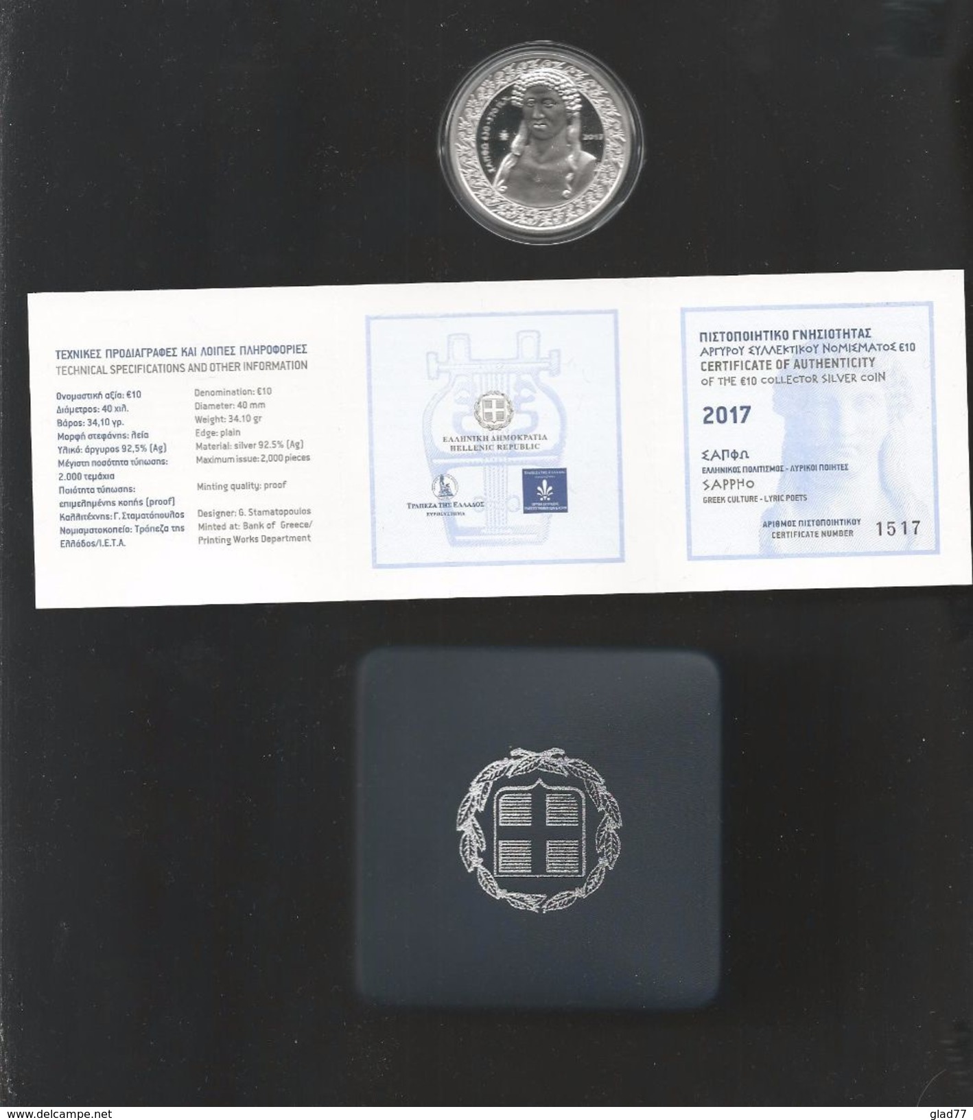 Authentic-Original-Official Issue 10 EURO Silver Proof Coin "SAPPHO" New Issue 2017 With C.O.A 1648!! - Grèce