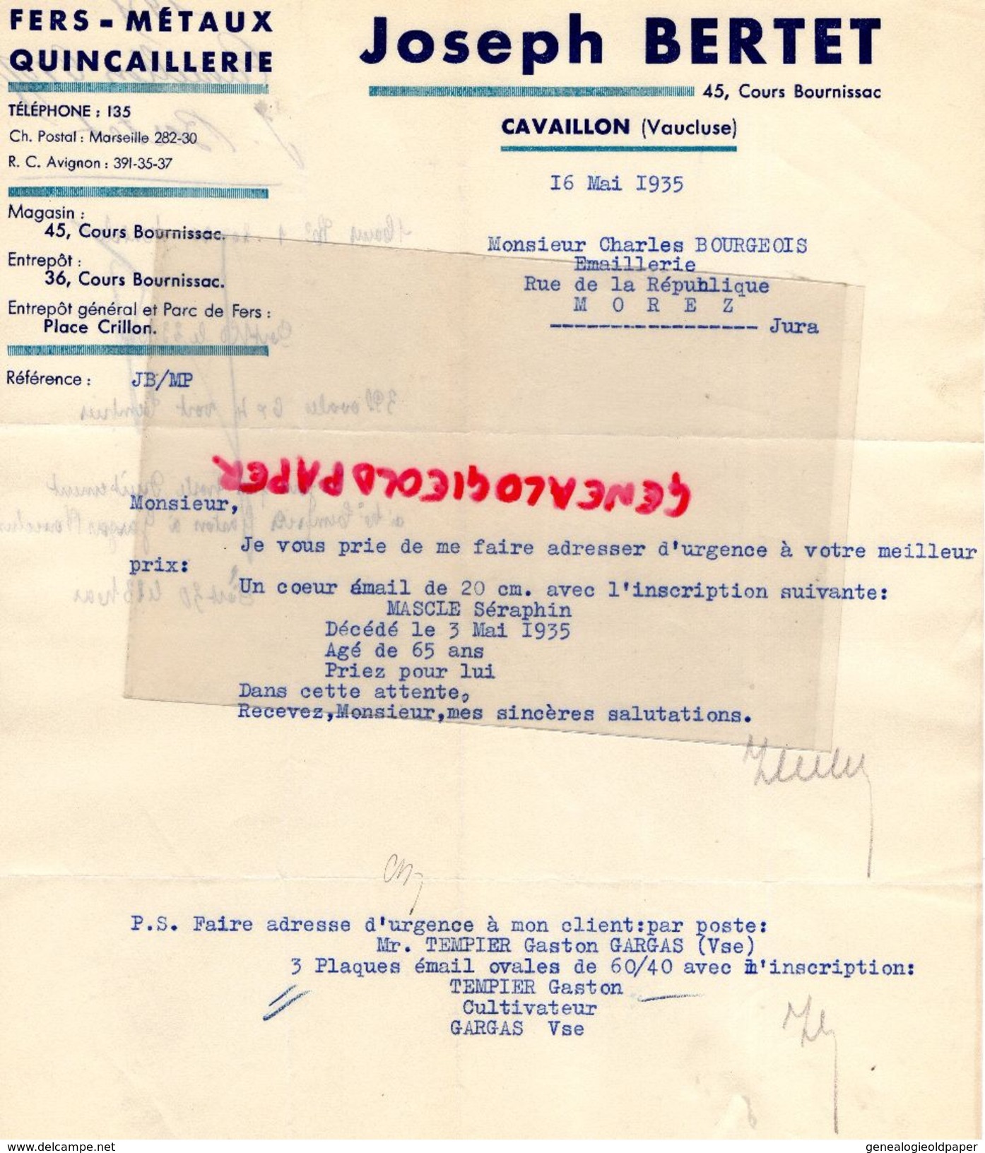 84- CAVAILLON- FACTURE JOSEPH BERTET-FERS METAUX QUINCAILLERIE-45 COURS BOURNISSAC- 1935 - Petits Métiers