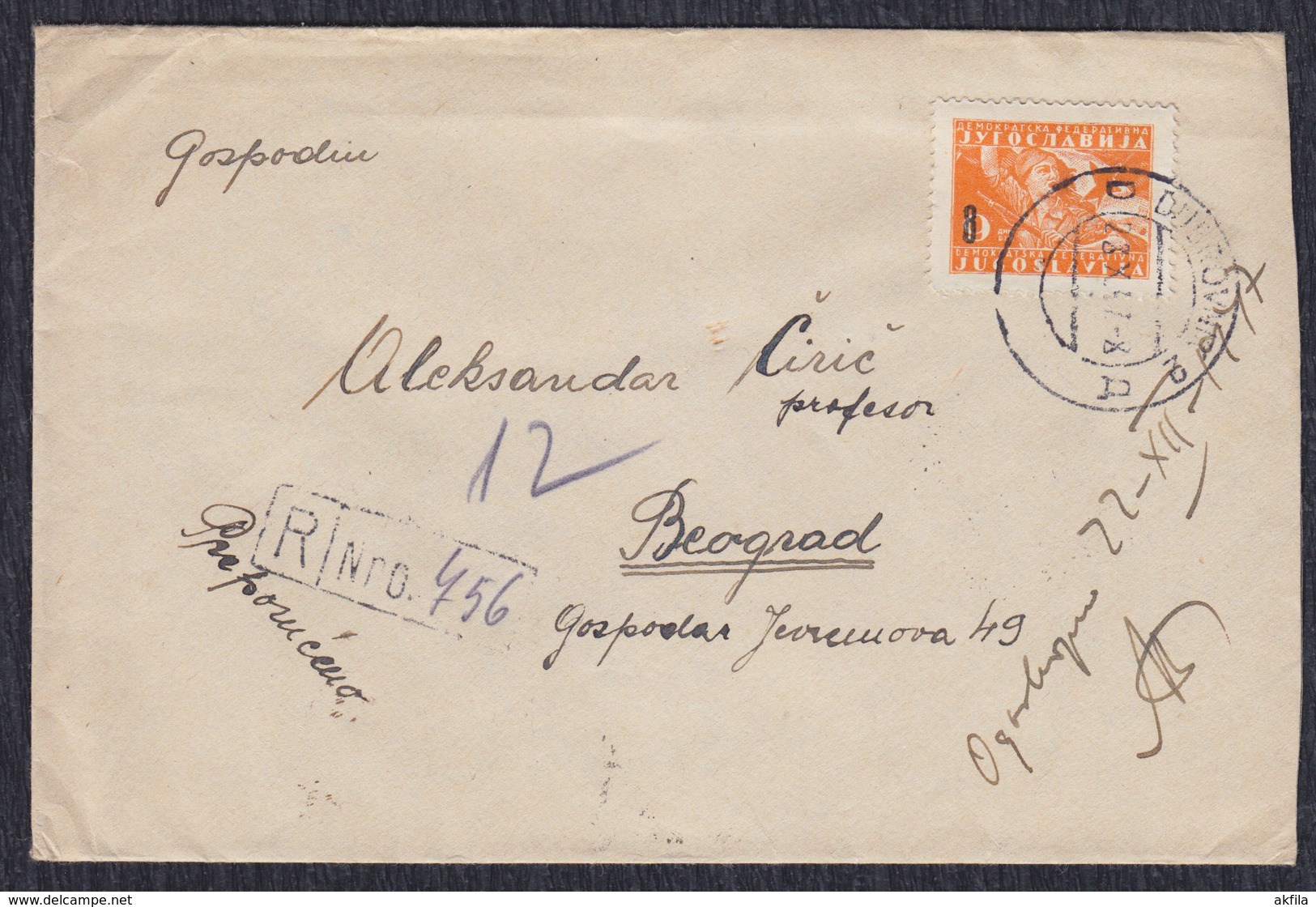 Yugoslavia 1947 Partisans, Recommended Letter Sent From Dubrovnik To Beograd - Covers & Documents