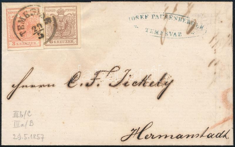 1857 3kr + 6kr Levélen ,,TEMESVÁR' - ,,HERMANNSTADT' - Other & Unclassified