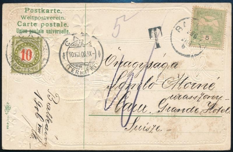 1906 Képeslap Svájcba, Ott Portózva / Postcard To Schwitzerland, With Postage Due 'BALKÁNY' - Autres & Non Classés