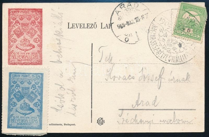 1909 Képeslap Első Magyar Országos Bélyegkiállítás Levélzáróval és Alkalmi Bélyegzéssel / Postcard With First Stamp Expo - Autres & Non Classés