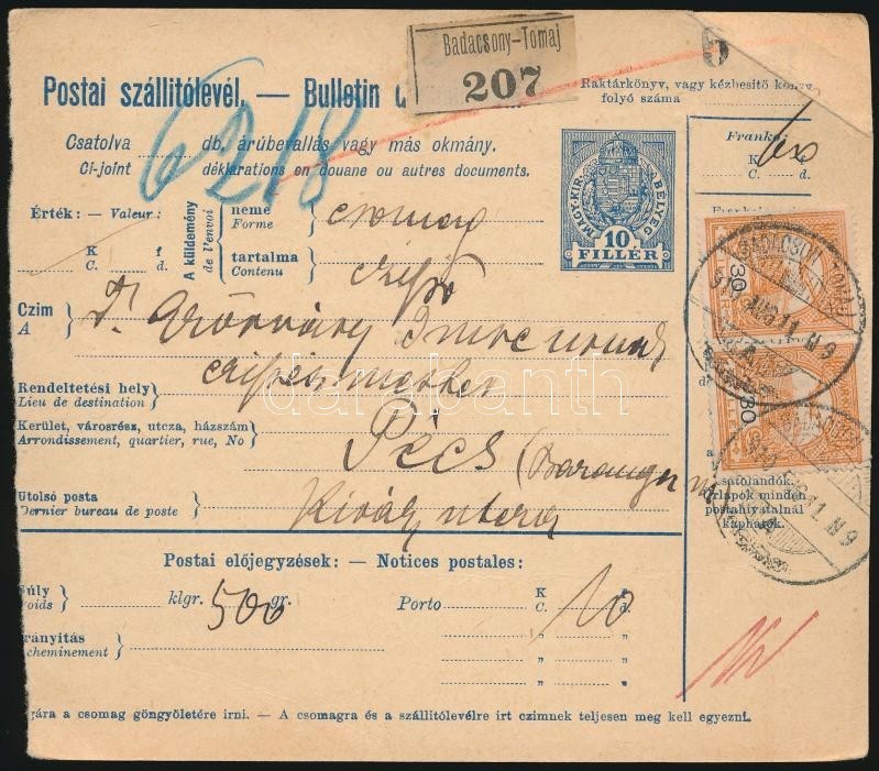 1910 Postai Szállítólevél 2 X Turul 30f Díjkiegészítéssel 'BADACSONY TOMAJ' - Autres & Non Classés