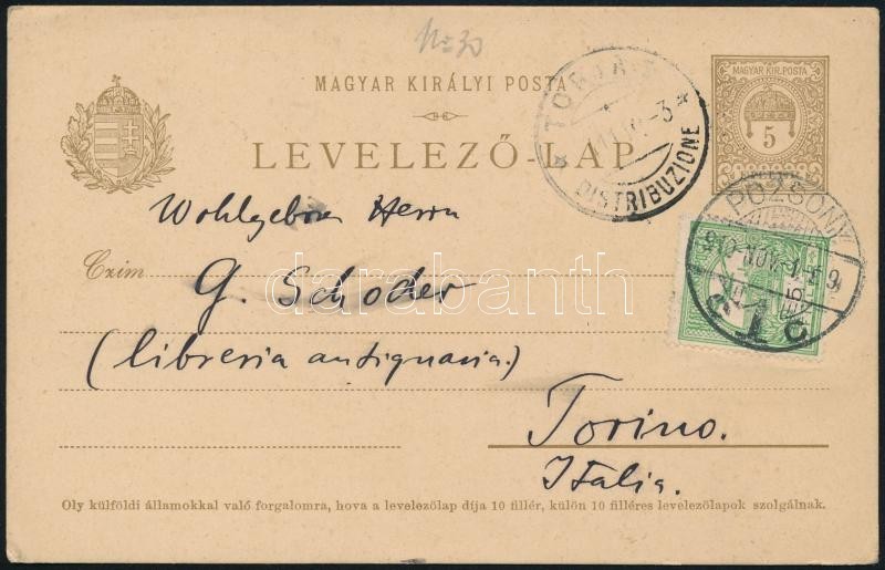 1910 5f Díjjegyes 5f Díjkiegészítéssel 'POZSONY' - Torino - Autres & Non Classés