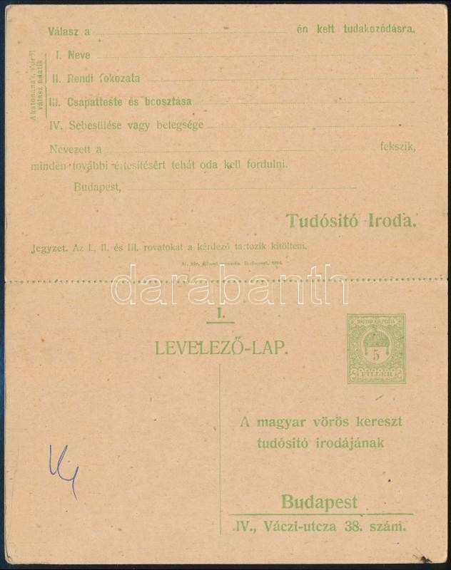 1914 Használatlan Vöröskeresztes Válaszos Tudakozó Lap / Red Cross Inquiry PS-card, Unused - Autres & Non Classés