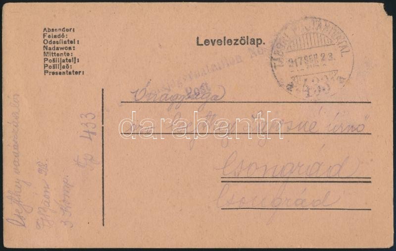 1917 Tábori Posta Levelezőlap 'K.u.k. Feldjägerbataillon No.28. Post' + 'TP 433 A' - Other & Unclassified