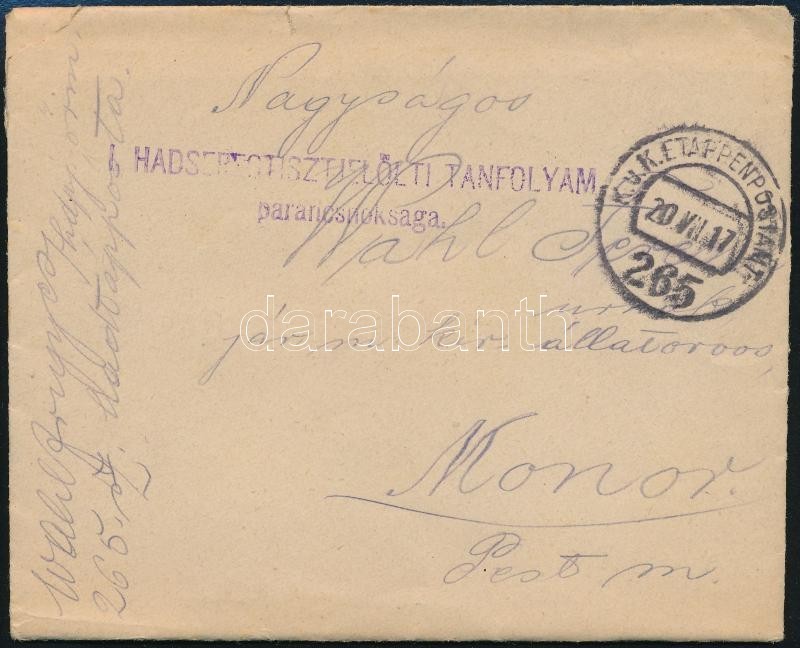 1917 Tábori Posta Levél / Field Cover 'I. HADSEREGTISZTJELÖLTI TANFOLYAM Parancsnoksága' + 'EP 265' - Autres & Non Classés