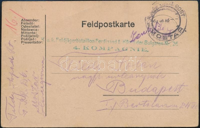 1918 Tábori Posta Levelezőlap / Field Postcard 'K.u.k. Feldjägerbataillon Ferdinand I. König Der Bulgaren Nr.26 4. Kompa - Other & Unclassified