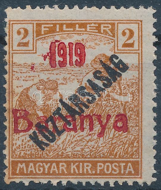 ** Baranya I. 1919 Arató/Köztársaság 20f Vörös Felülnyomással Próbanyomat, Garancia Nélkül (**30.000) (rozsda / Stain) - Autres & Non Classés