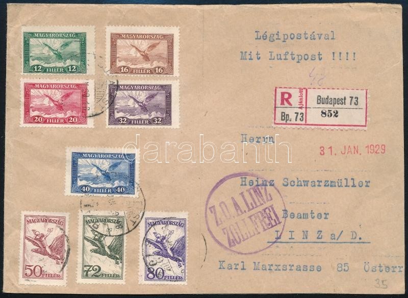 1929 Ajánlott Légi Levél Repülő értékekkel Ausztriába / Registered Airmail Cover To Linz - Autres & Non Classés