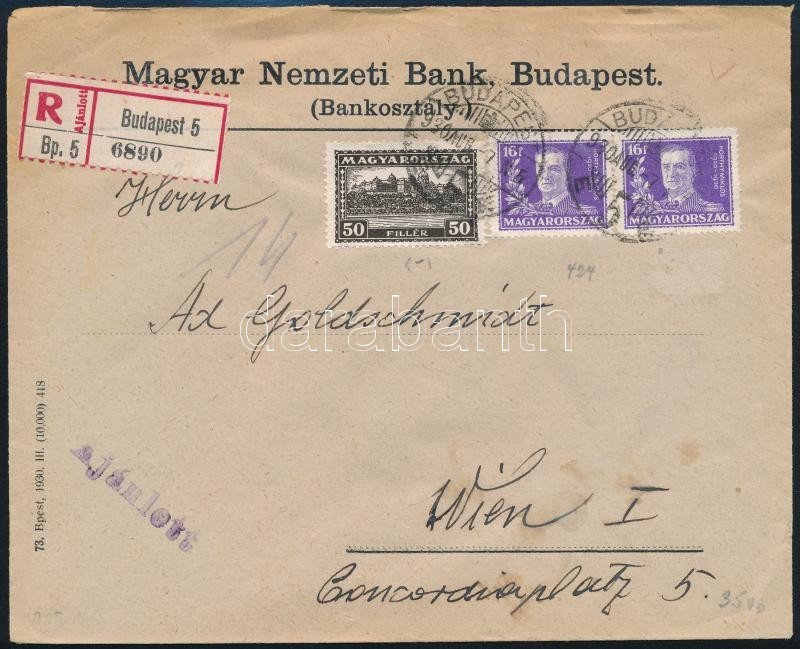 1930 Ajánlott Levél 72f Bérmentesítéssel Bécsbe / Registered Cover To Vienna - Autres & Non Classés