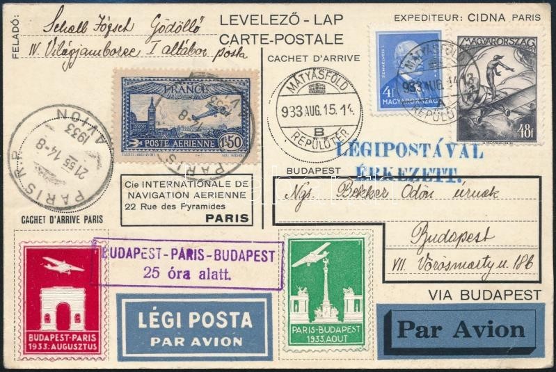 1933 Budapest -Paris- Budapest 25 óra Alatt Alkalmi Légi Levelezőlap / In 25 Hours, Special Flight Postcard - Autres & Non Classés