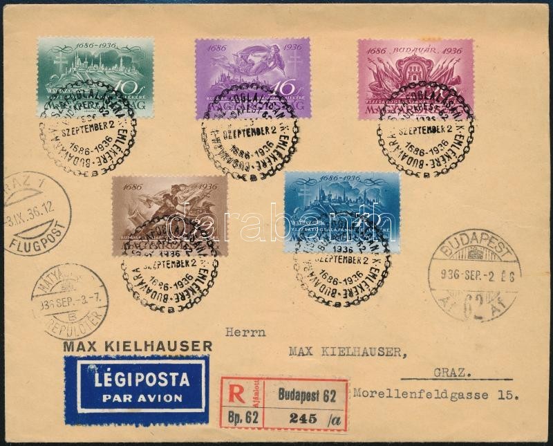 1936 Ajánlott Légi Levél Budavár Sorral és Alkalmi Bélyegzéssel / Mi 538-542 On Registered Airmail Cover 'GRAZ FLUGPOST' - Autres & Non Classés