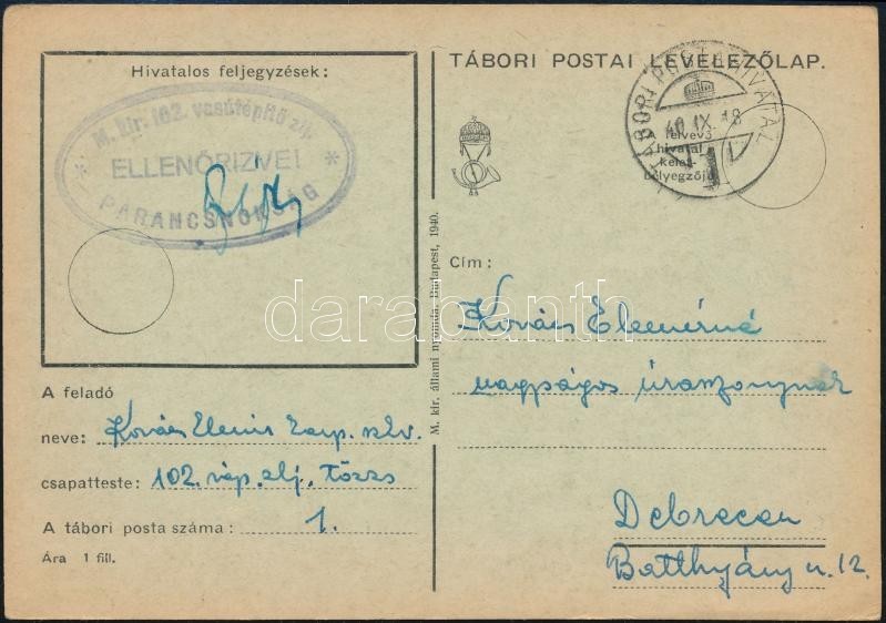 1940 Tábori Posta Levelezőlap / Field Postcard 'M.kir. 102. Vasútépítő Zlj' - Autres & Non Classés