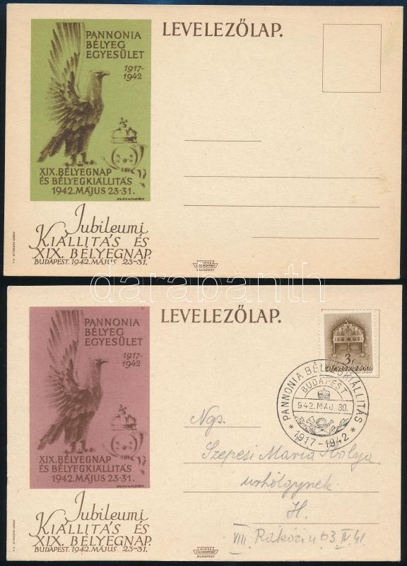 1942 2 Db Alkalmi Levelezőlap A Pannónia Bélyegkiállításról, Egyik Használatlan - Other & Unclassified