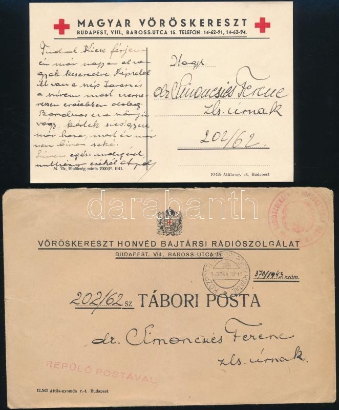 1943 Vöröskereszt Honvéd Bajtársi Rádiószolgálat Tábori Légiposta Küldemény Tartalommal - Other & Unclassified