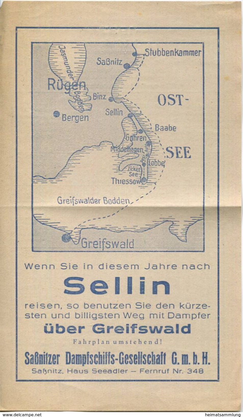 Deutschland - Saßnitzer Dampfschiffs-Gesellschaft GmbH - Sellin - Fahrplan 1937 - Europe