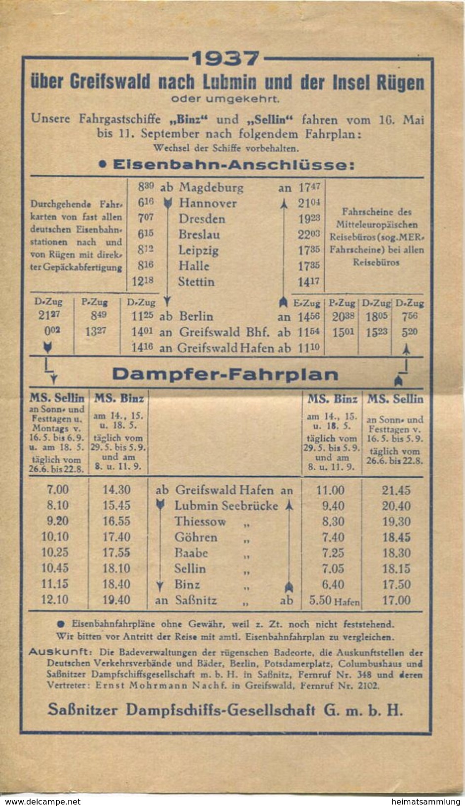 Deutschland - Saßnitzer Dampfschiffs-Gesellschaft GmbH - Sellin - Fahrplan 1937 - Europe