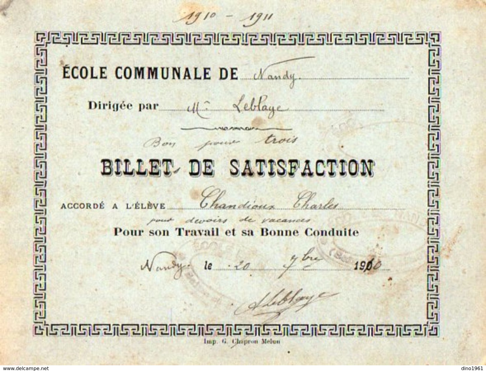 VP11.394 - Ecole Communal De NANDY 1910 - Billet De Satisfaction Charles CHANDIOUX - Diplômes & Bulletins Scolaires