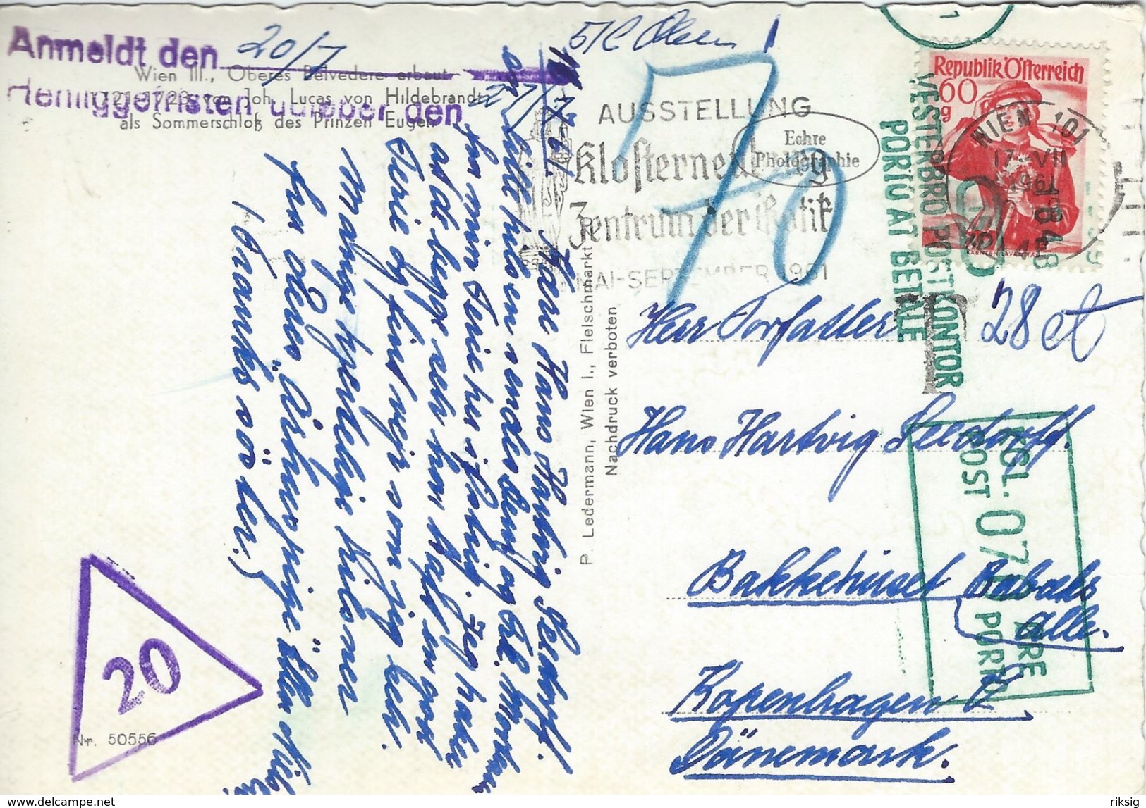 Vienna.  Underpaid Austrian Card Sent To Denmark 1961.  Taxe Perque.   # 07279 - Belvedere