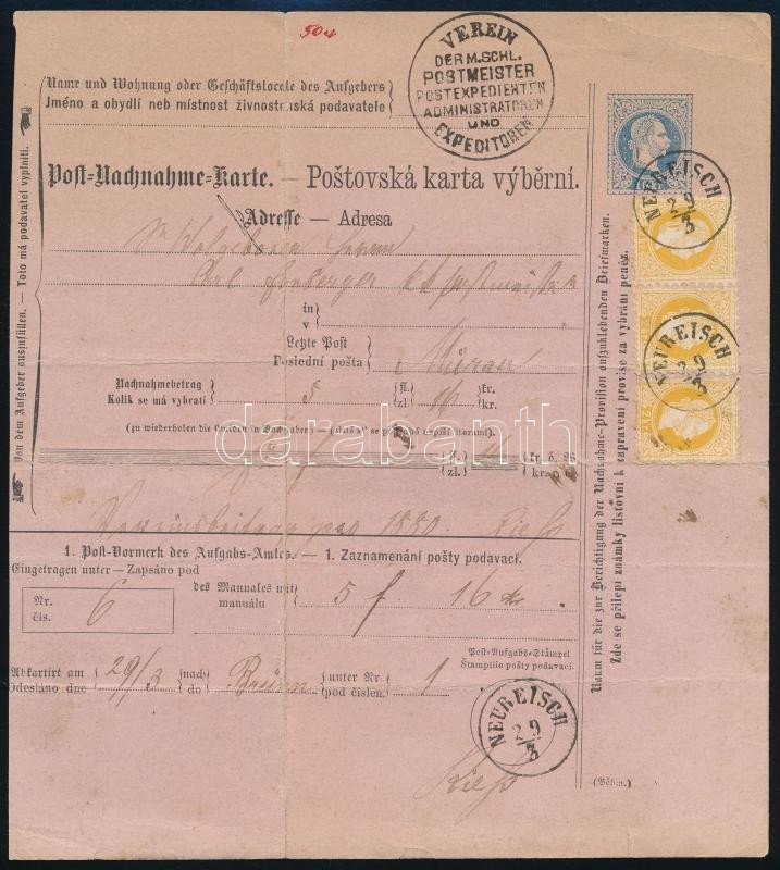 1880 Német-cseh Nyelvű 10kr Díjjegyes Posta Utánvételi Lap 3 X 2kr Díjkiegészítéssel ,,NEUREISCH' - Other & Unclassified